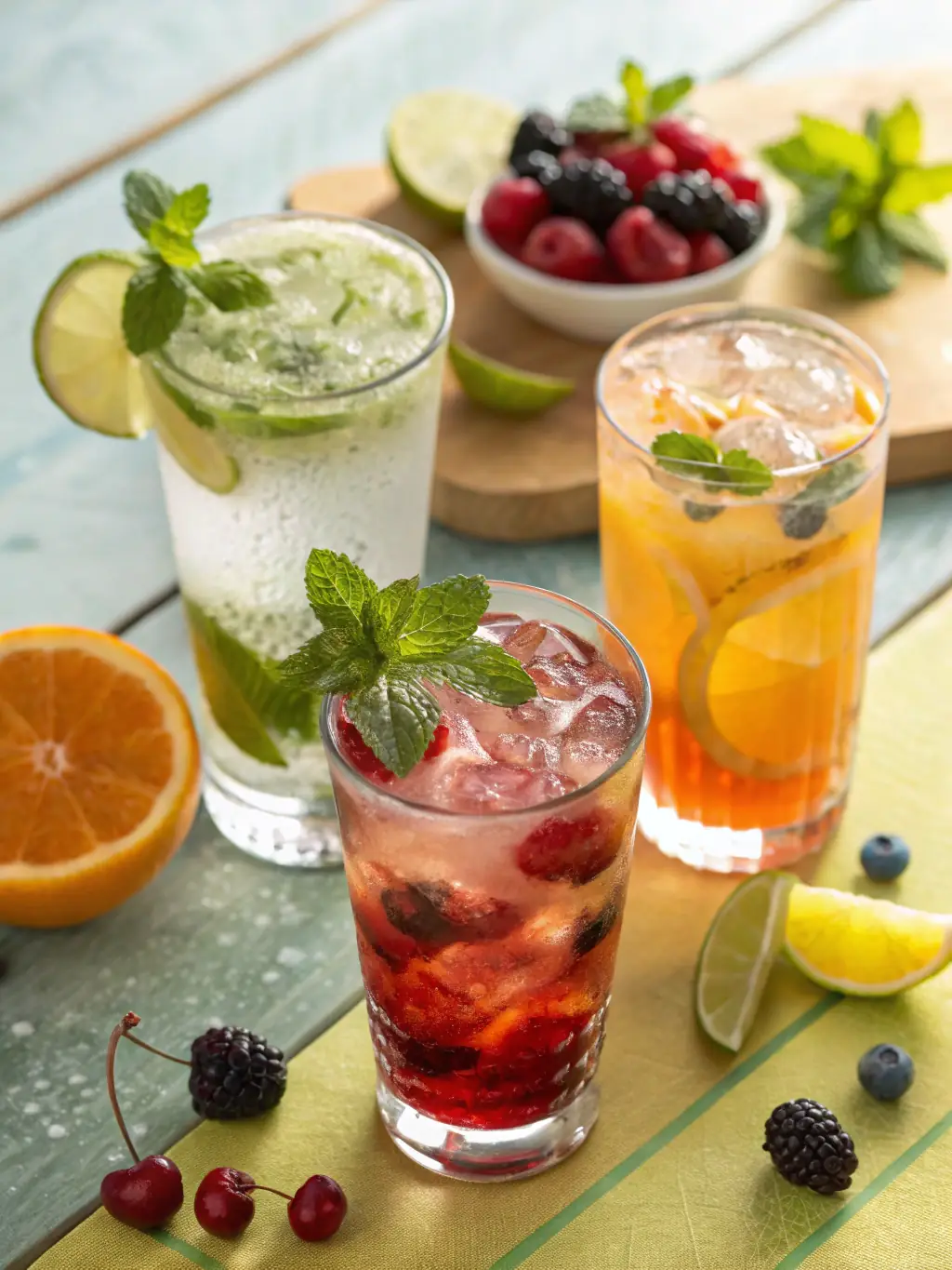 A refreshing image of various beverages, including cocktails, mocktails, and smoothies, garnished with fresh fruits and herbs.