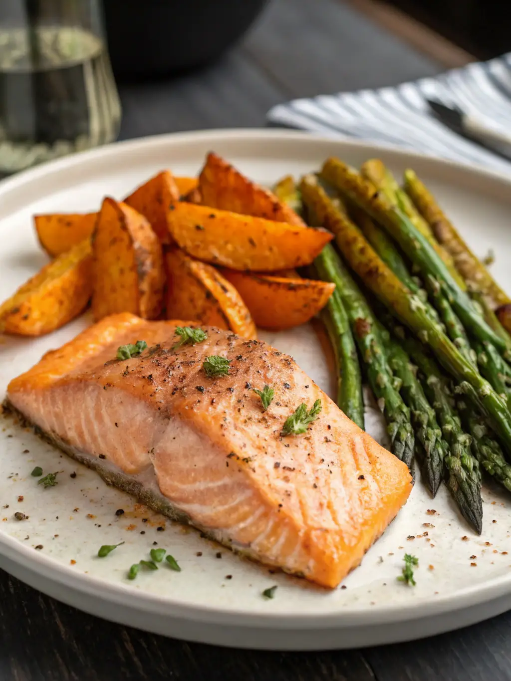 A beautifully plated main course featuring grilled salmon with roasted vegetables, showcasing a healthy and delicious meal option.