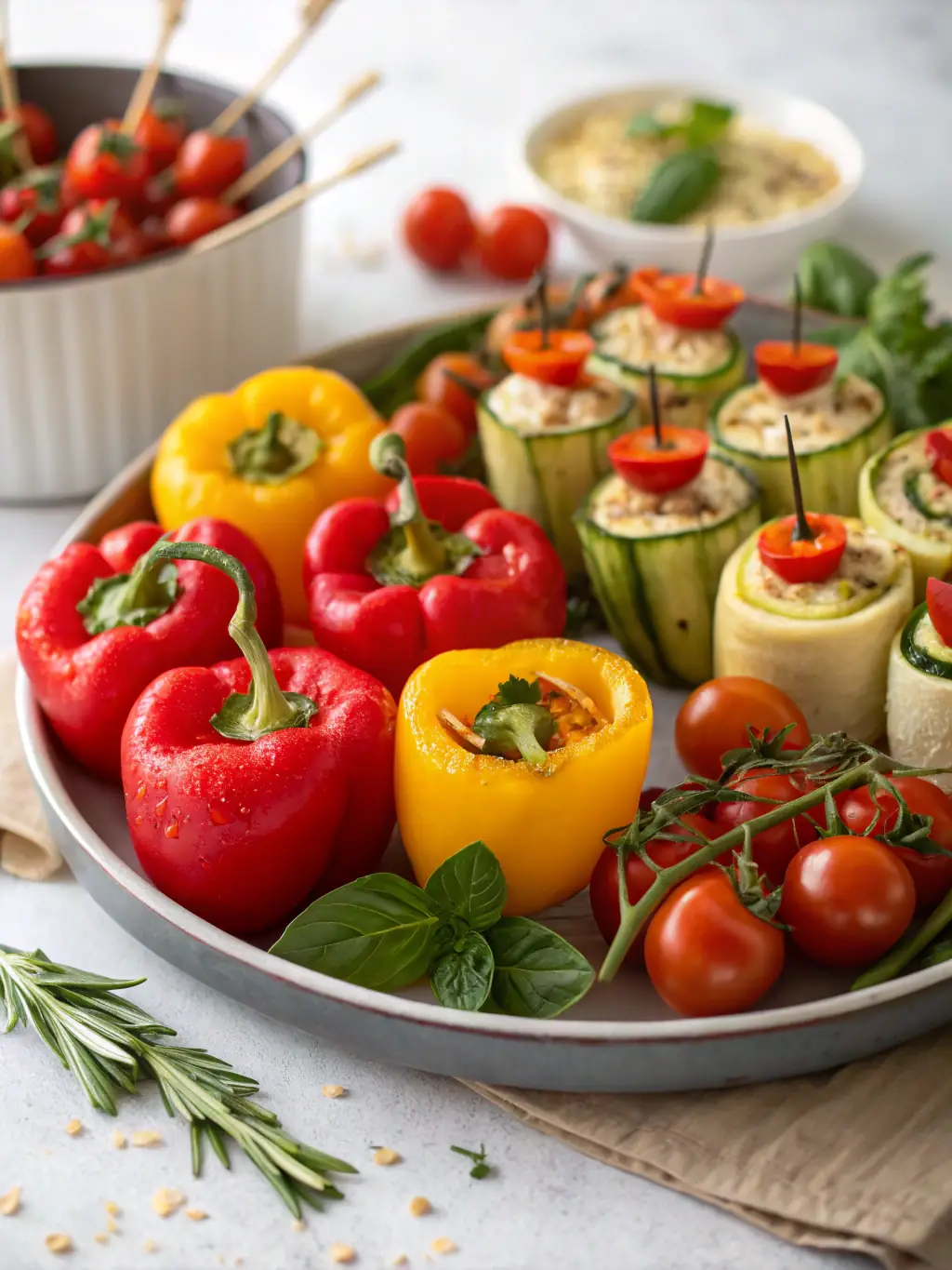 A vibrant image showcasing a variety of colorful appetizers, such as bruschetta, mini quiches, and spring rolls, arranged artfully on a platter.