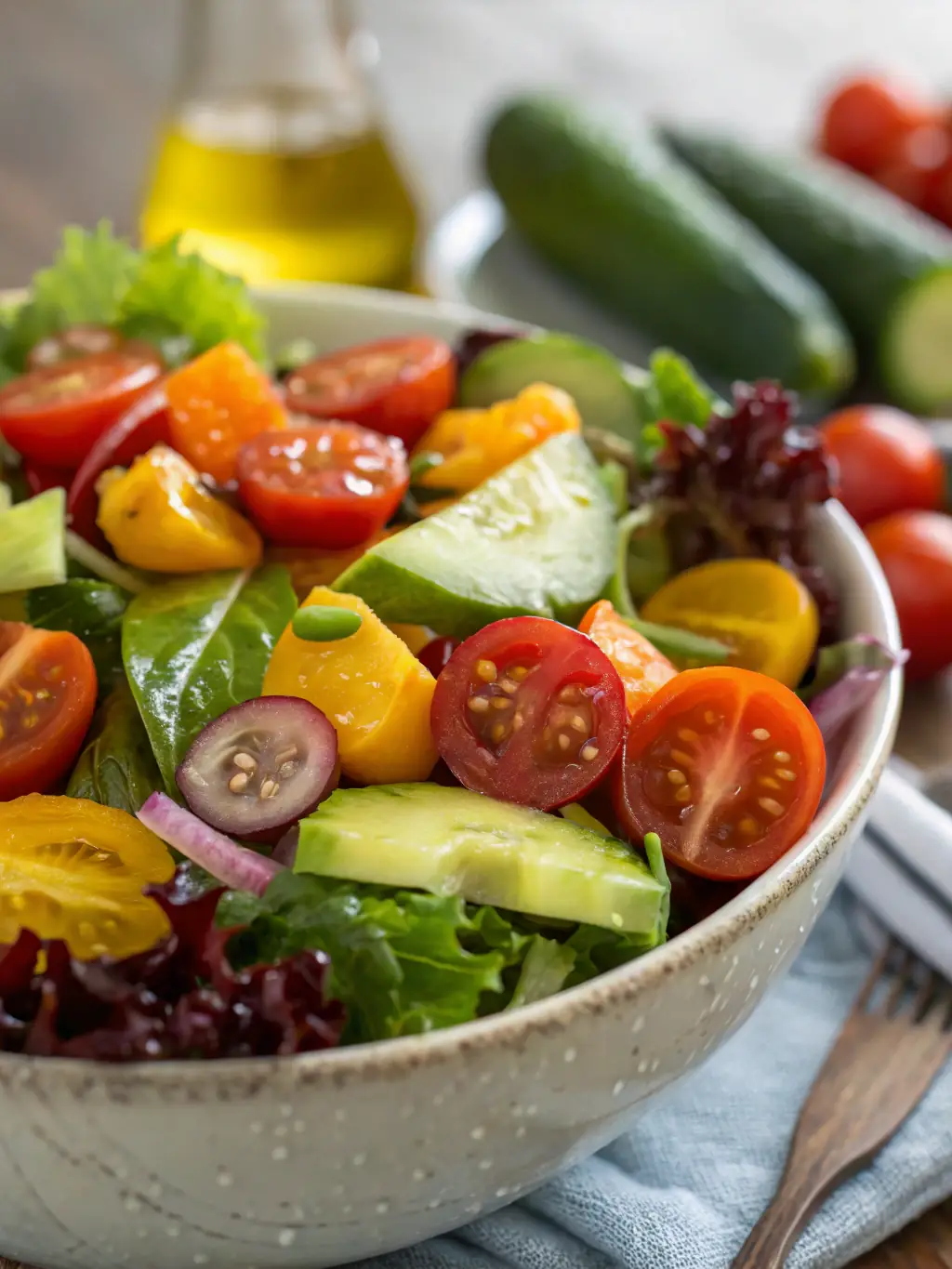 A visually appealing image showcasing a variety of colorful and fresh ingredients commonly used in salads, such as lettuce, tomatoes, cucumbers, and bell peppers.