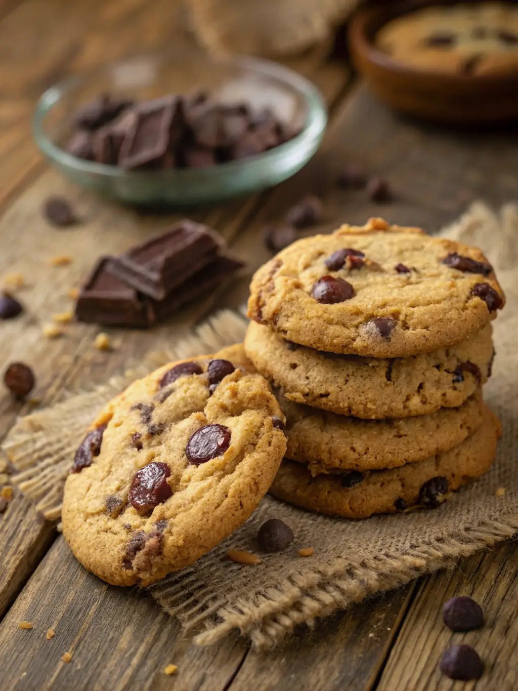 A tempting image of golden brown chocolate chip cookies, fresh out of the oven, with melted chocolate chips glistening on top.
