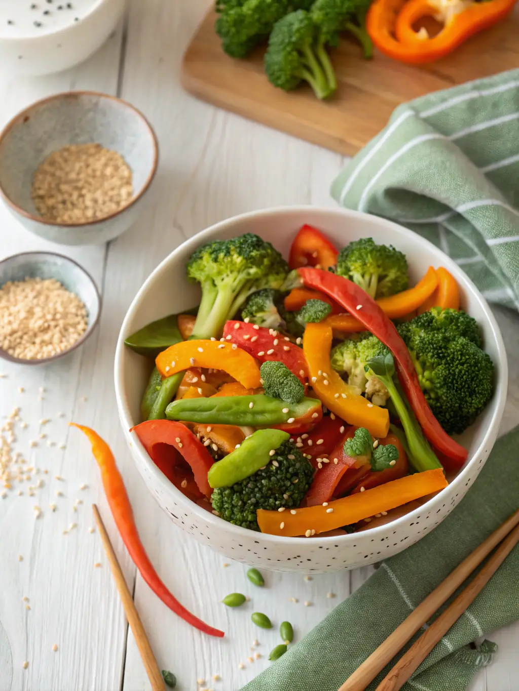 A vibrant and appetizing image of a spicy chicken stir-fry, featuring colorful vegetables and a glistening sauce, served over rice.